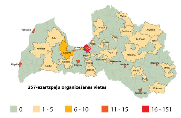 Karte ar Licencētajām azartspēļu organizēšanas vietām Latvijas Republikā