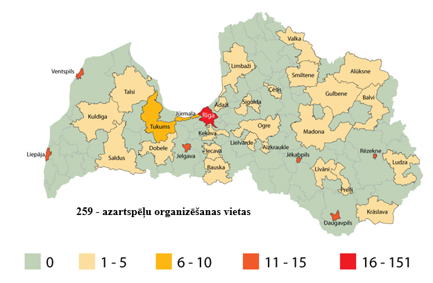 Karte ar Licencētajām azartspēļu organizēšanas vietām Latvijas Republikā