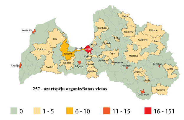 Karte ar Licencētajām azartspēļu organizēšanas vietām Latvijas Republikā