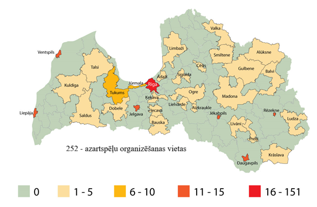 Karte ar Licencētajām azartspēļu organizēšanas vietām Latvijas Republikā
